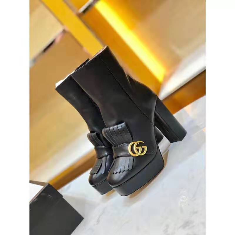 G*u*i women leather ankle boot with fringe double g hardware-black
