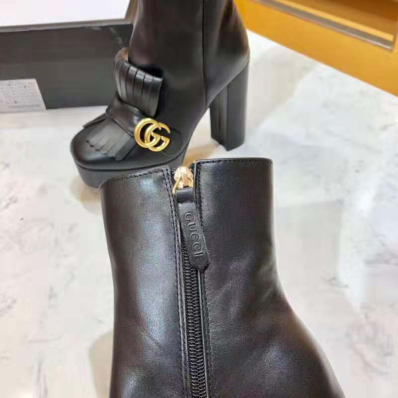 G*u*i women leather ankle boot with fringe double g hardware-black