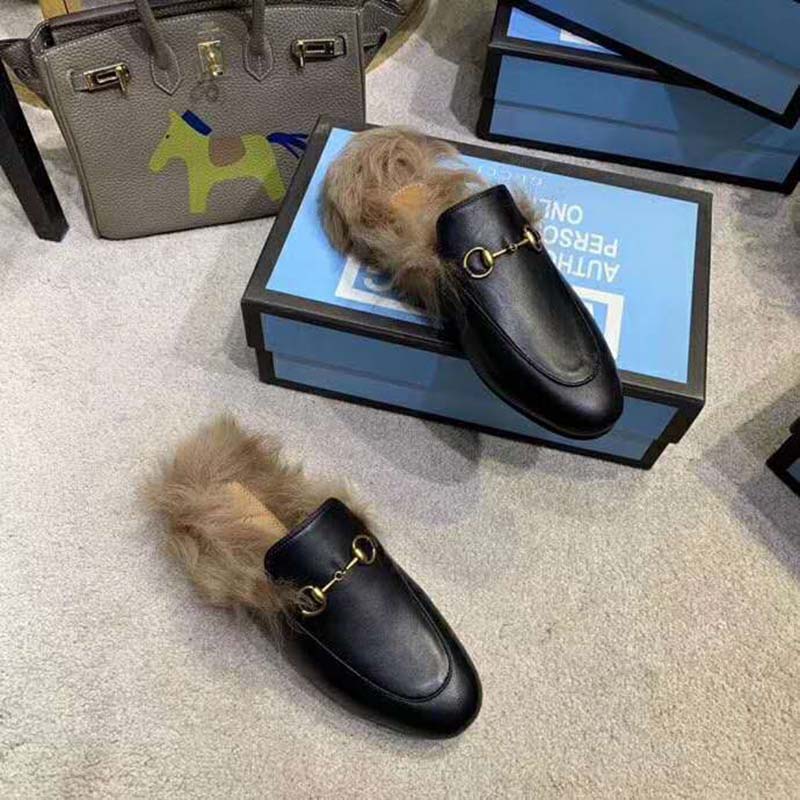 G*u*i women princetown leather slipper with lamb wool-black