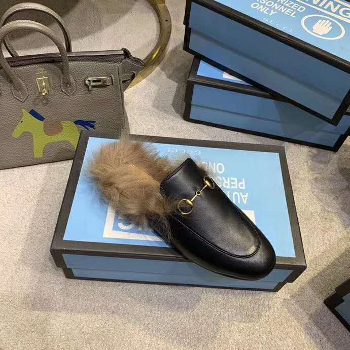 G*u*i women princetown leather slipper with lamb wool-black