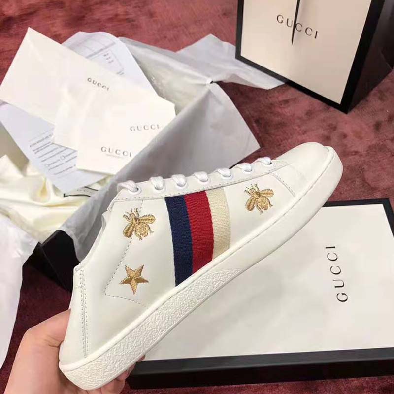G*u*i women’s ace embroidered sneaker in white leather with bees and stars