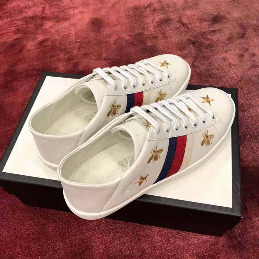 G*u*i women’s ace embroidered sneaker in white leather with bees and stars