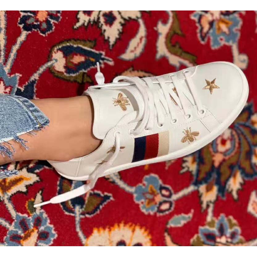 G*u*i women’s ace embroidered sneaker in white leather with bees and stars