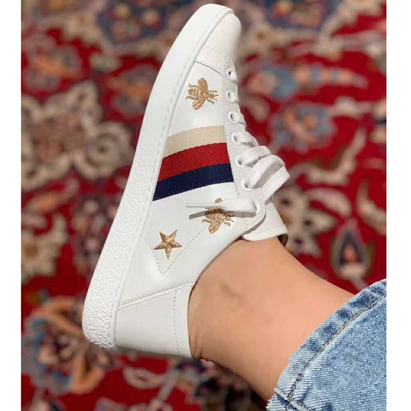 G*u*i women’s ace embroidered sneaker in white leather with bees and stars
