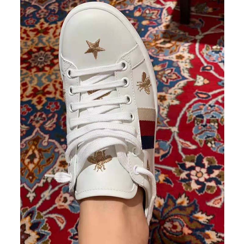 G*u*i women’s ace embroidered sneaker in white leather with bees and stars