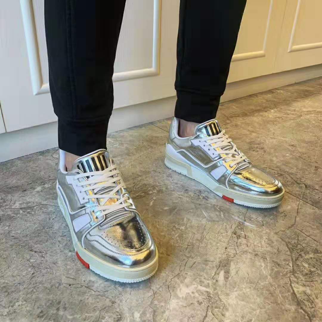 Louis Vuitton LV Men LV Trainer Sneaker in Metallic Silver Leather with Louis Vuitton Script Signature