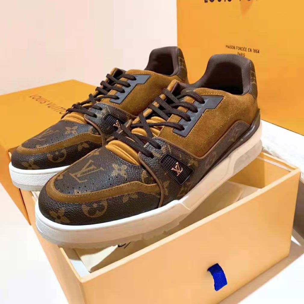 Louis Vuitton LV Unisex LV Trainer Sneaker in Monogram Canvas and Suede Calf Leather-Brown