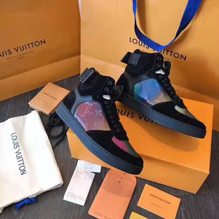 Louis Vuitton LV Unisex Rivoli Sneaker Boot in Iridescent Monogram Textile and Calf Leather-Black