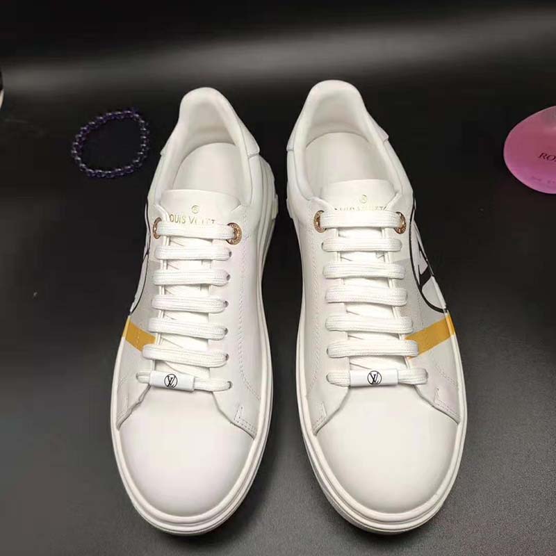 Louis Vuitton LV Unisex Time Out Sneaker in Calf Leather and Monogram Flowers-Grey
