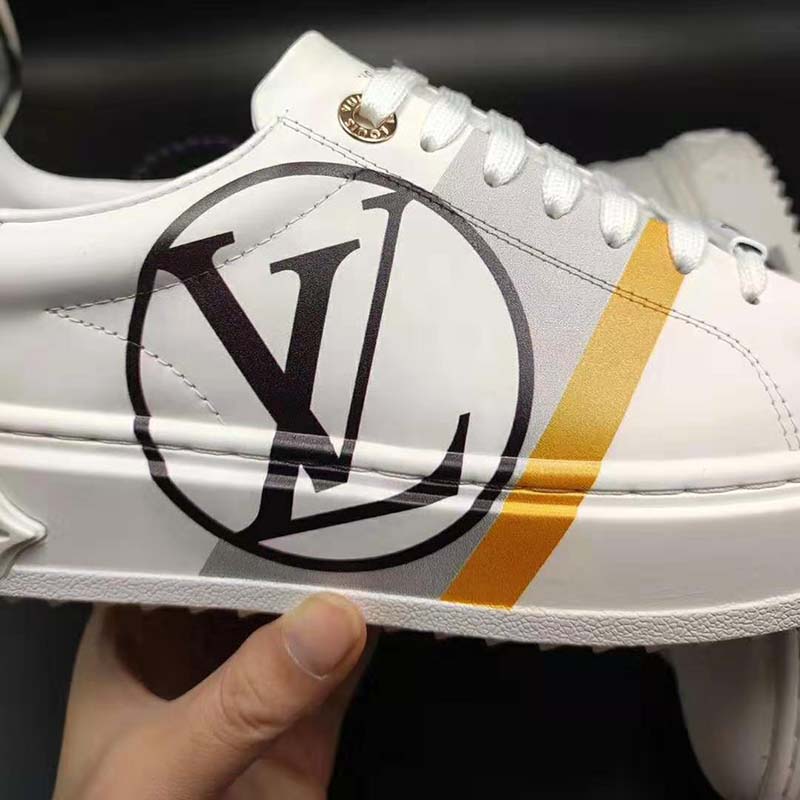 Louis Vuitton LV Unisex Time Out Sneaker in Calf Leather and Monogram Flowers-Grey