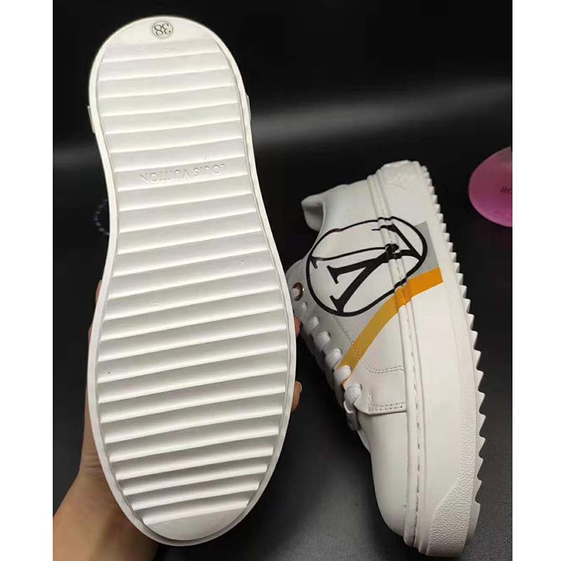 Louis Vuitton LV Unisex Time Out Sneaker in Calf Leather and Monogram Flowers-Grey