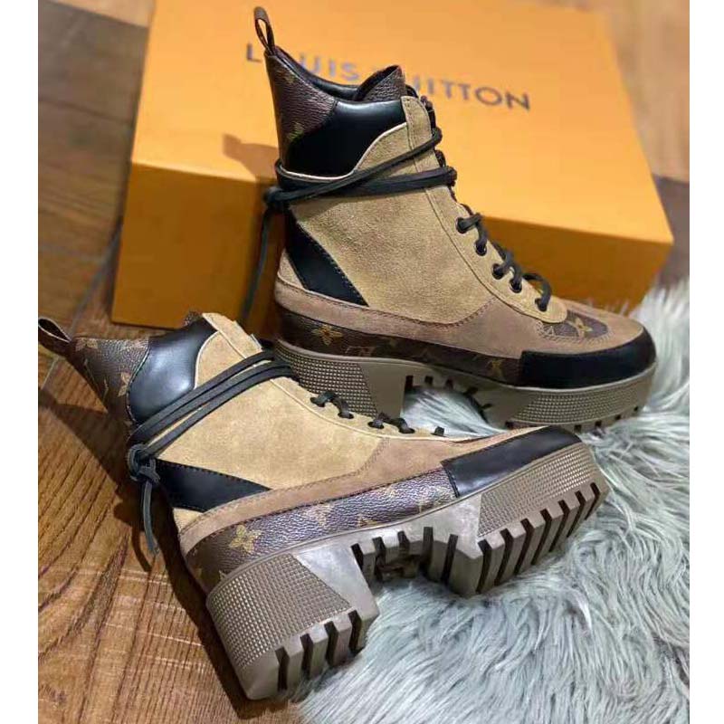 Louis Vuitton LV Women Laureate Platform Desert Boot in Soft Suede Calf Leather with Monogram Canvas-Sandy