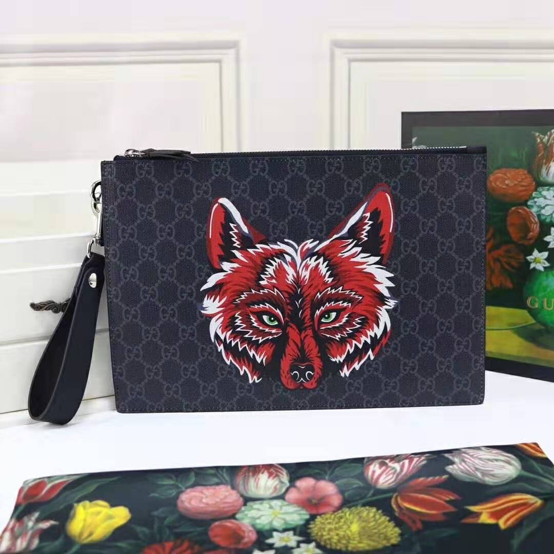 G*u*i gg men G*u*i bestiary pouch with wolf in black and grey gg supreme canvas