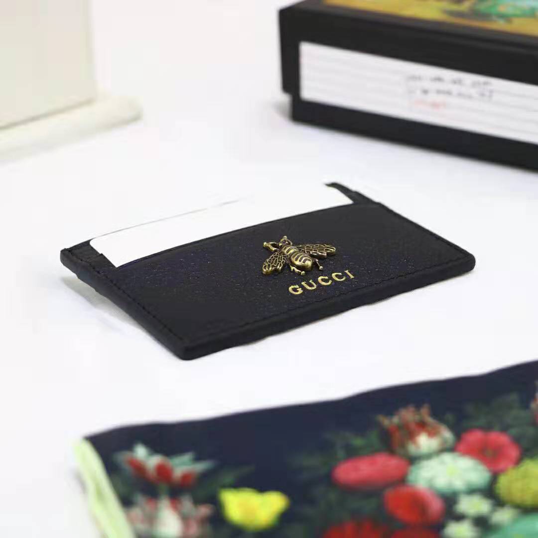 G*u*i gg unisex animalier leather card case in black leather