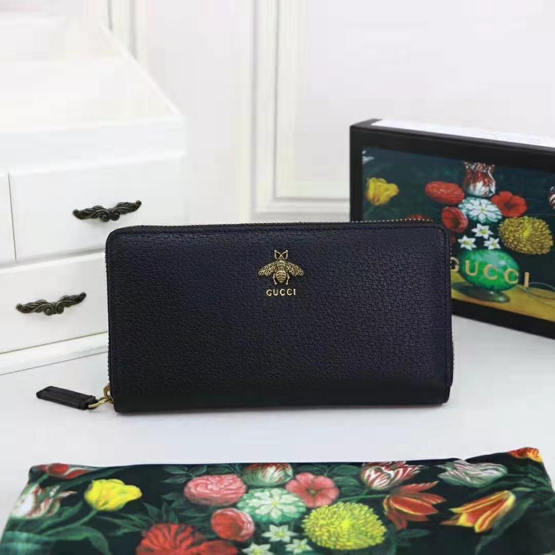 G*u*i gg unisex animalier leather zip around wallet in black leather