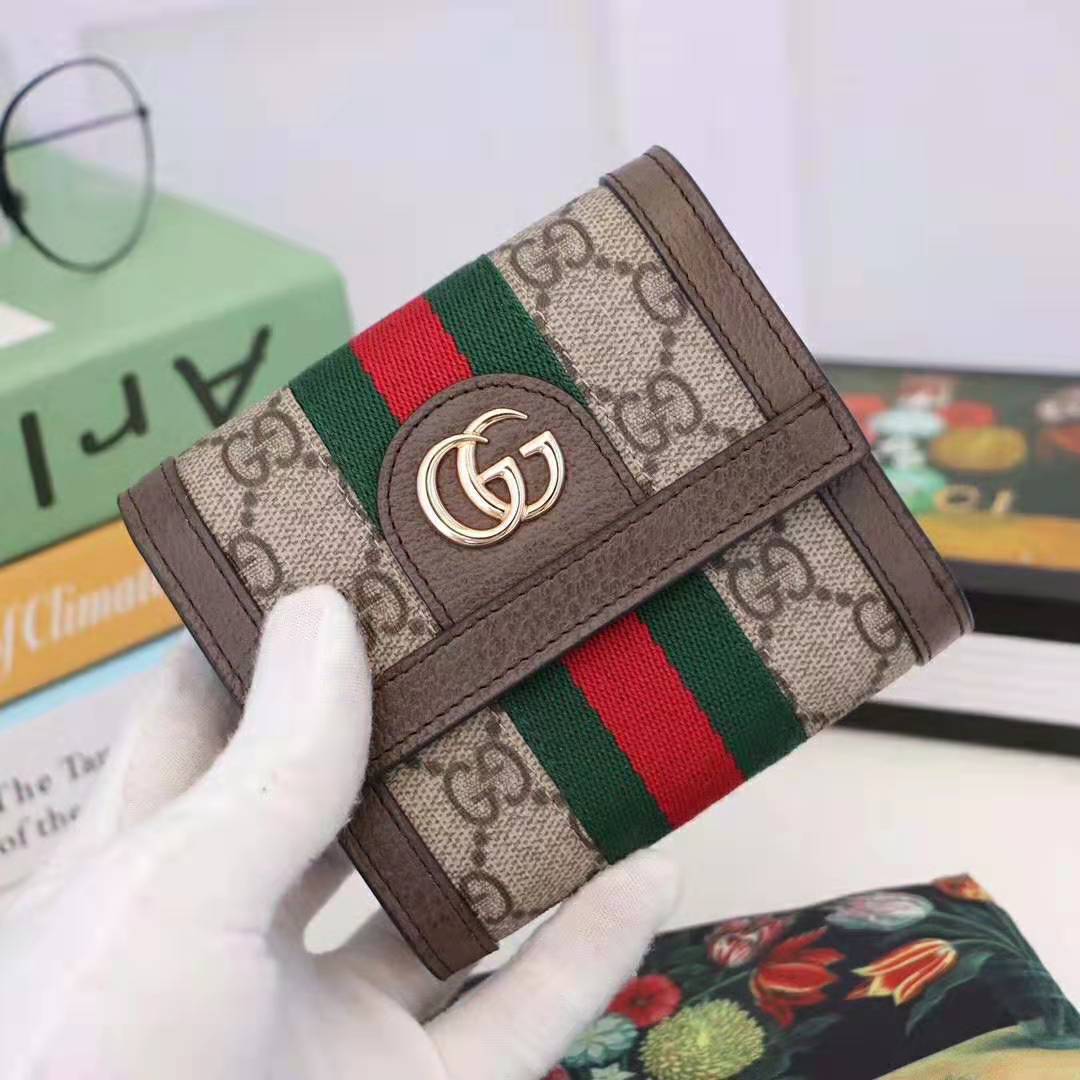 G*u*i gg unisex ophidia gg french flap wallet in beige/ebony gg supreme canvas