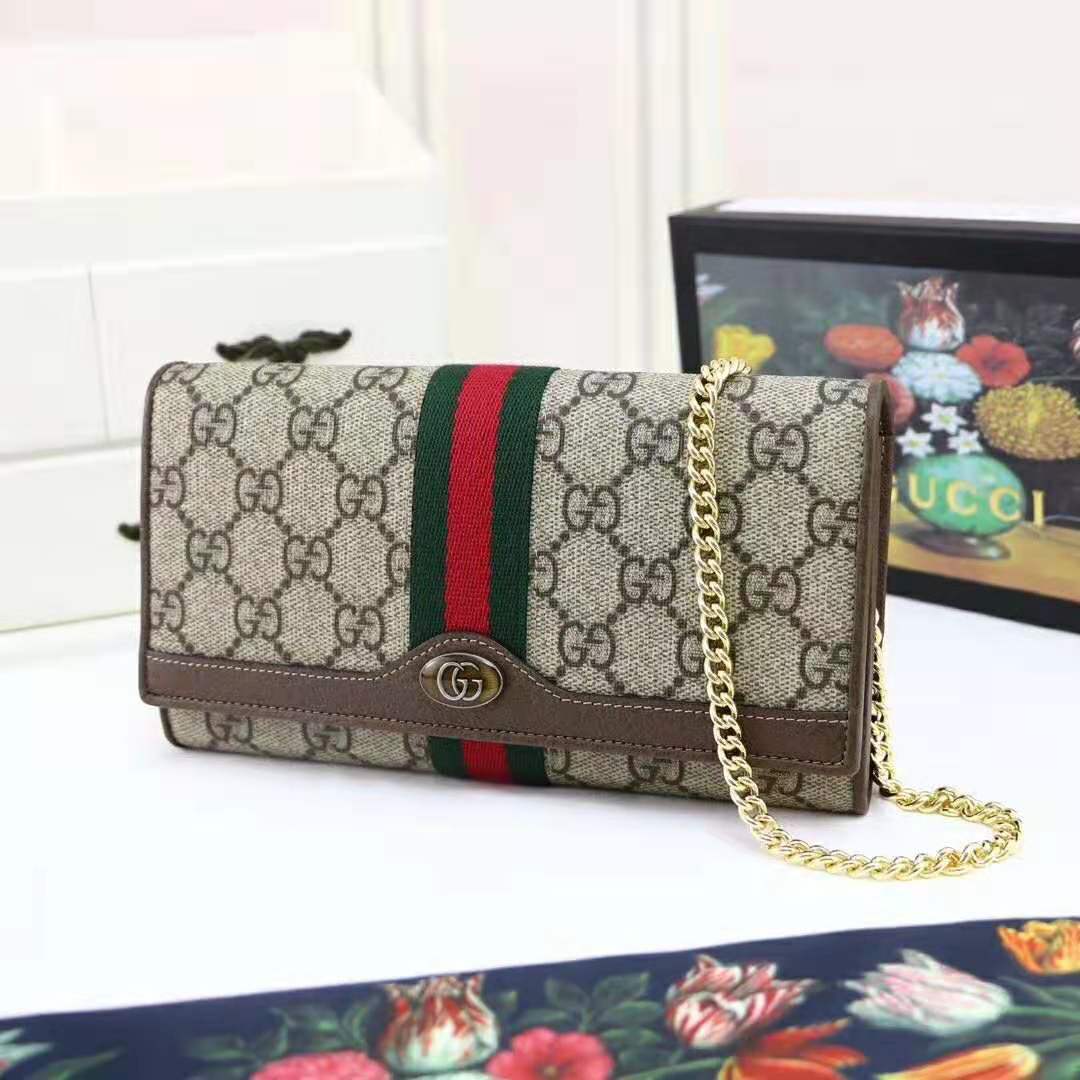G*u*i gg women ophidia gg chain wallet in beige/ebony gg supreme canvas