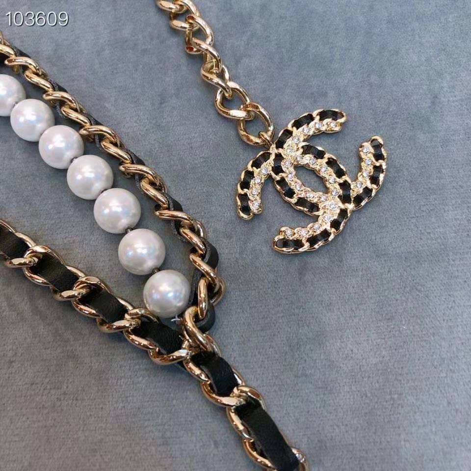 Chanel Women Metal Glass Pearls Lambskin & Strass Belt-Black