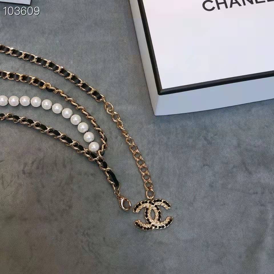 Chanel Women Metal Glass Pearls Lambskin & Strass Belt-Black