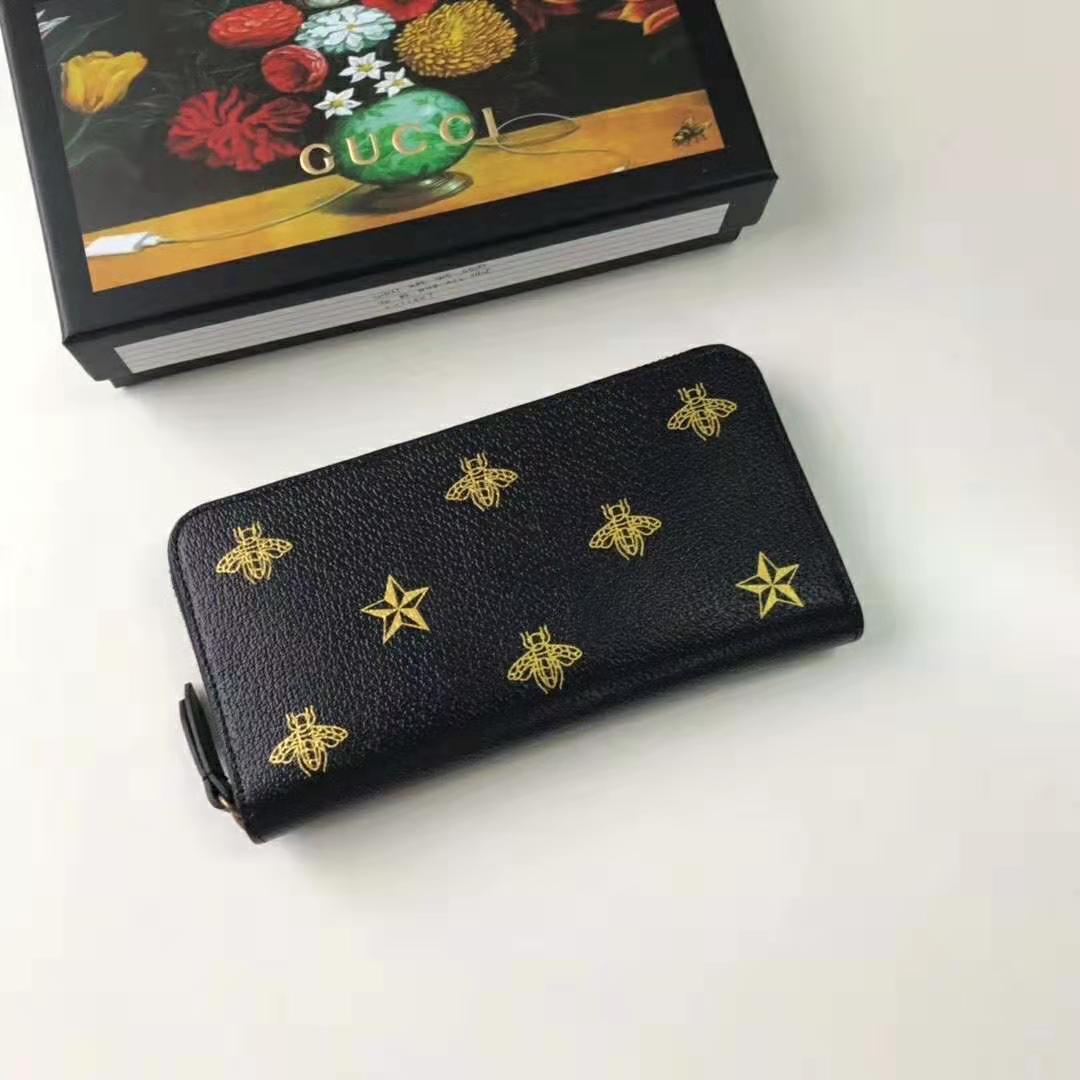 G*u*i gg unisex bee star leather zip around wallet in black metal-free tanned leather