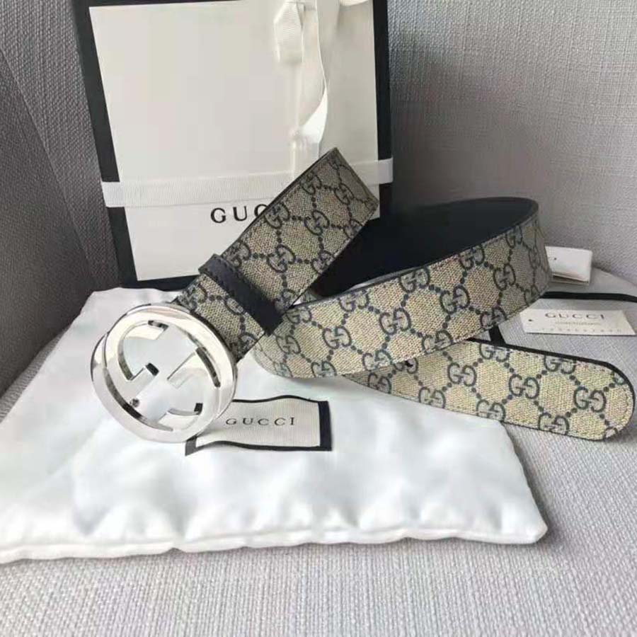G*u*i unisex gg supreme belt with g buckle in beige/blue gg supreme canvas