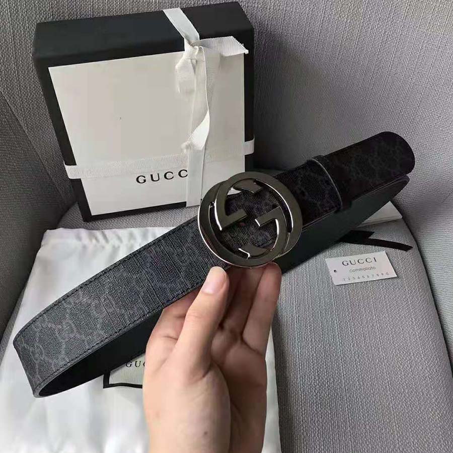 G*u*i unisex gg supreme belt with g buckle in black/grey gg supreme canvas