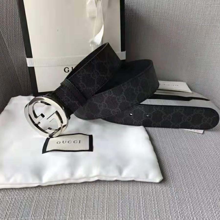 G*u*i unisex gg supreme belt with g buckle in black/grey gg supreme canvas