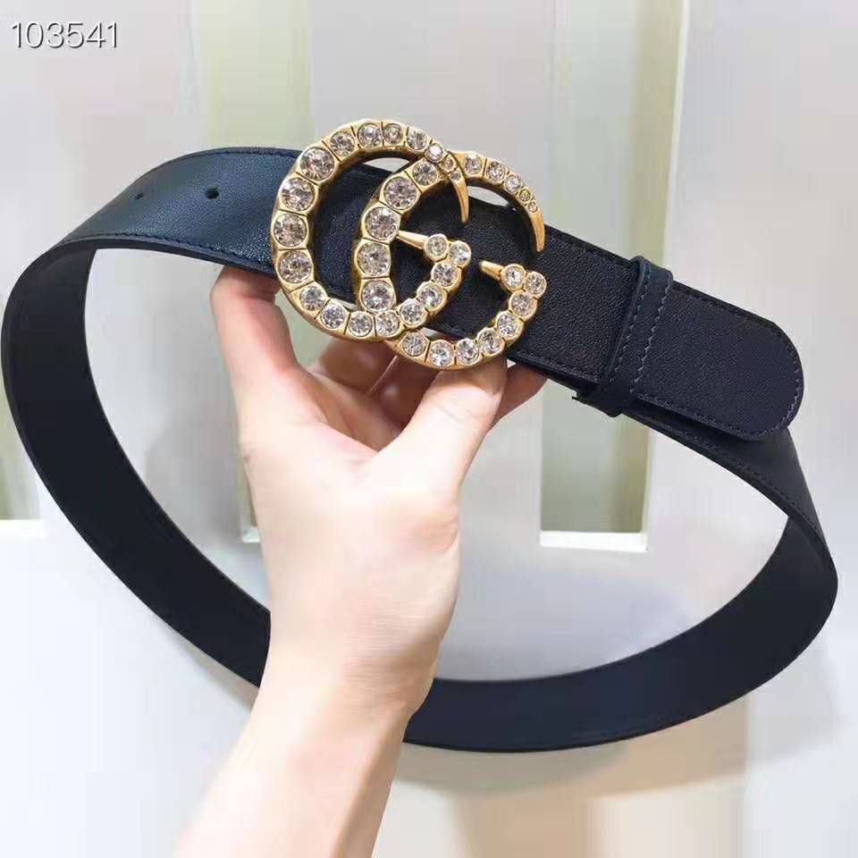 G*u*i unisex leather belt with crystal double g buckle-black