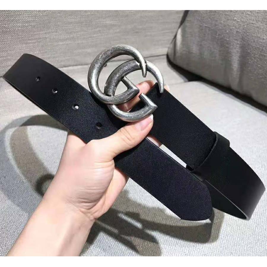 G*u*i unisex leather belt with double g buckle in 2.5cm width-black and silver