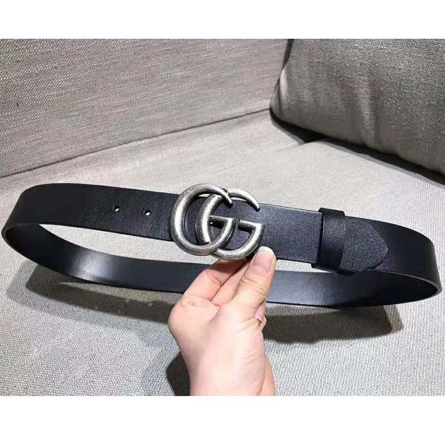 G*u*i unisex leather belt with double g buckle in 2.5cm width-black and silver