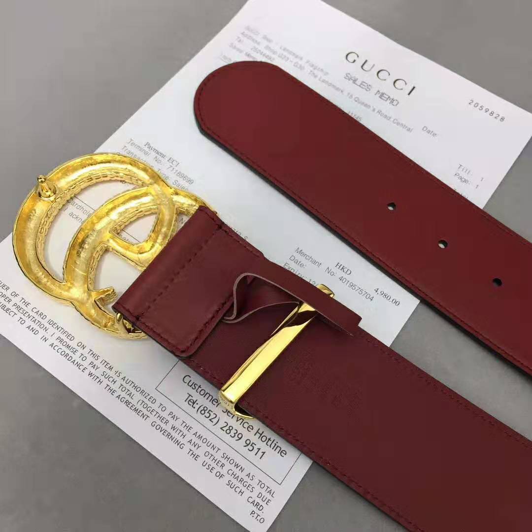 G*u*i unisex leather belt with double g buckle in burgundy leather