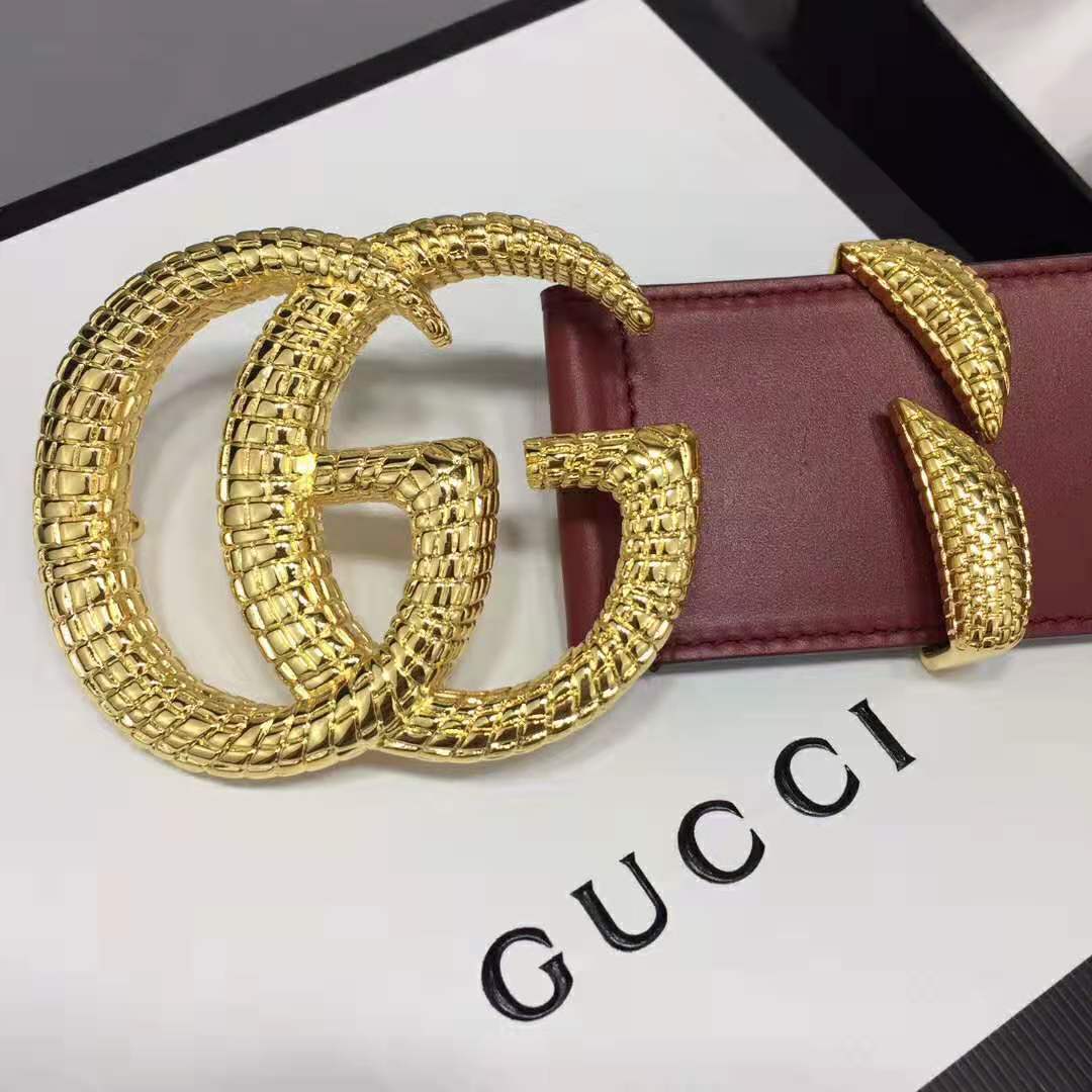 G*u*i unisex leather belt with double g buckle in burgundy leather