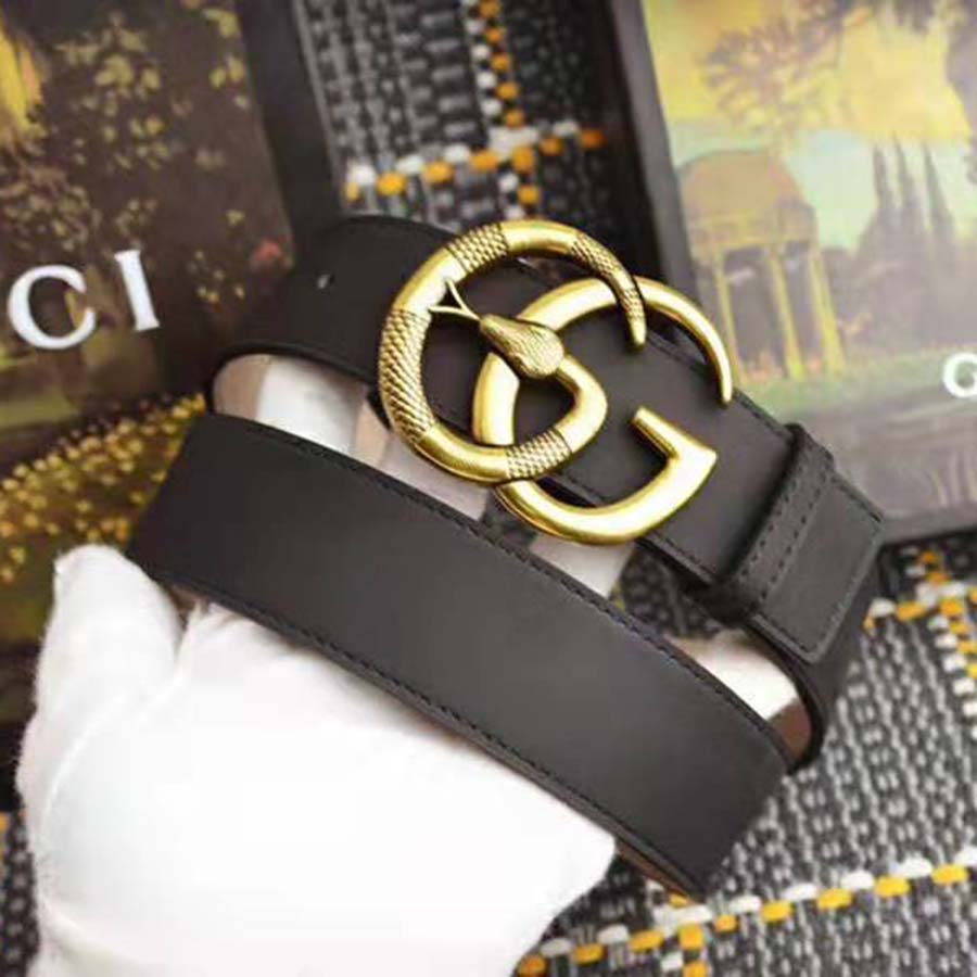 G*u*i unisex leather belt with double g buckle with snake in black leather