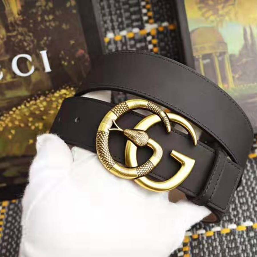 G*u*i unisex leather belt with double g buckle with snake in black leather