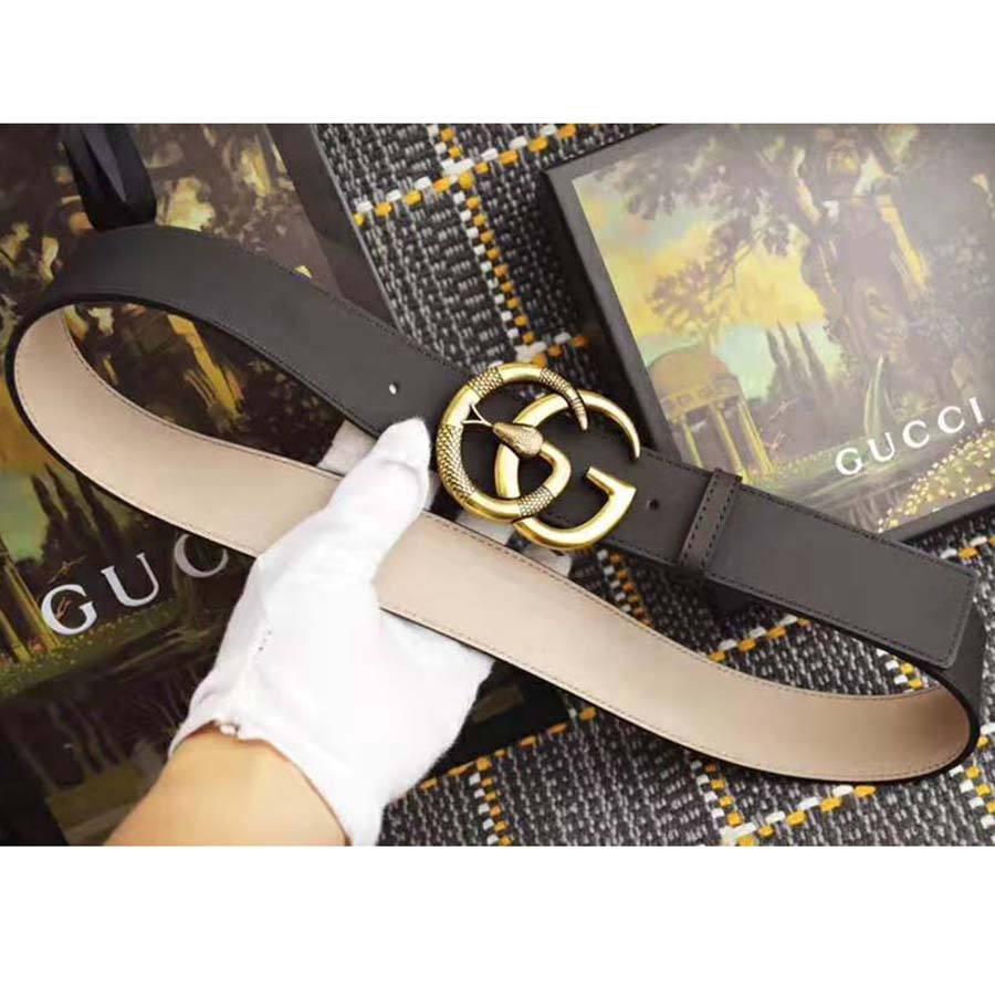G*u*i unisex leather belt with double g buckle with snake in black leather