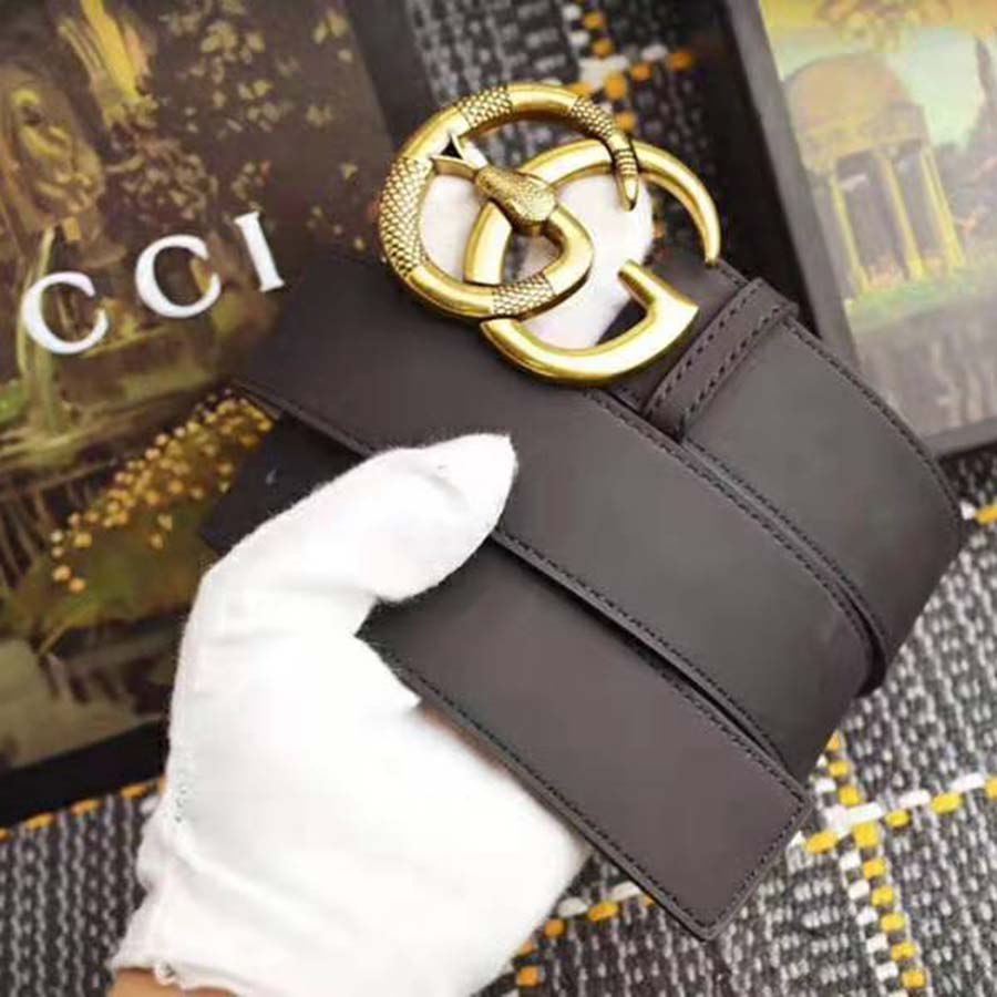 G*u*i unisex leather belt with double g buckle with snake in black leather