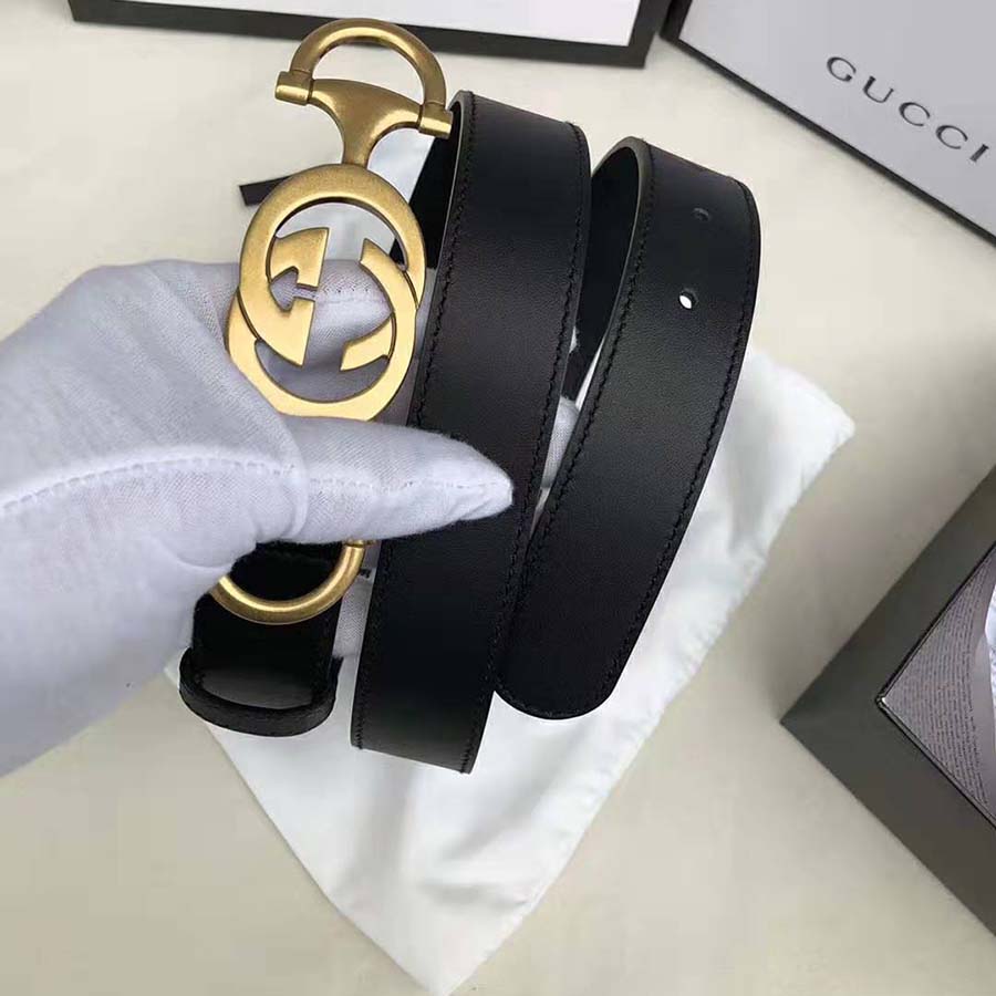 G*u*i unisex leather belt with interlocking g horsebit-black