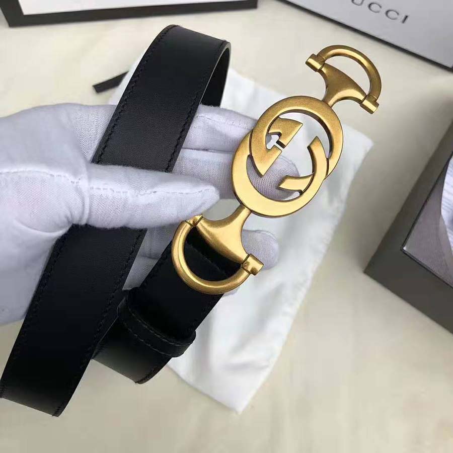 G*u*i unisex leather belt with interlocking g horsebit-black