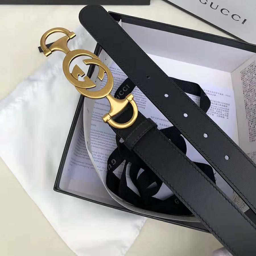 G*u*i unisex leather belt with interlocking g horsebit-black