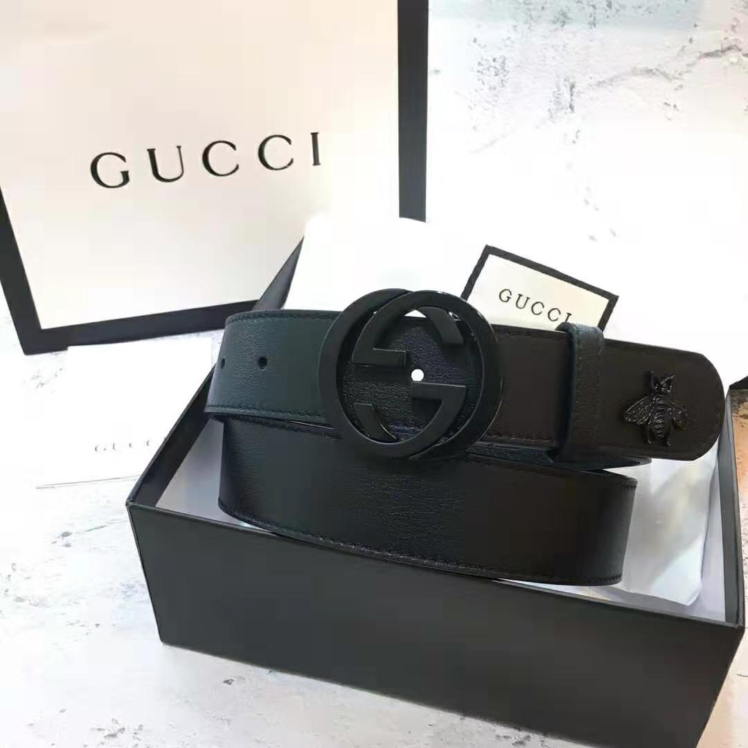G*u*i unisex leather belt with interlocking g in black leather