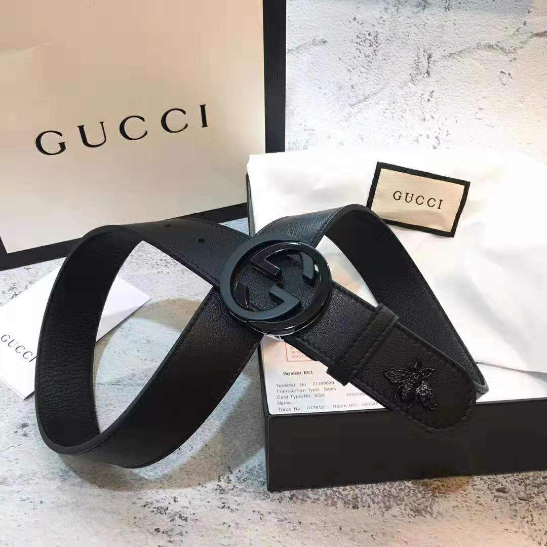 G*u*i unisex leather belt with interlocking g in black leather