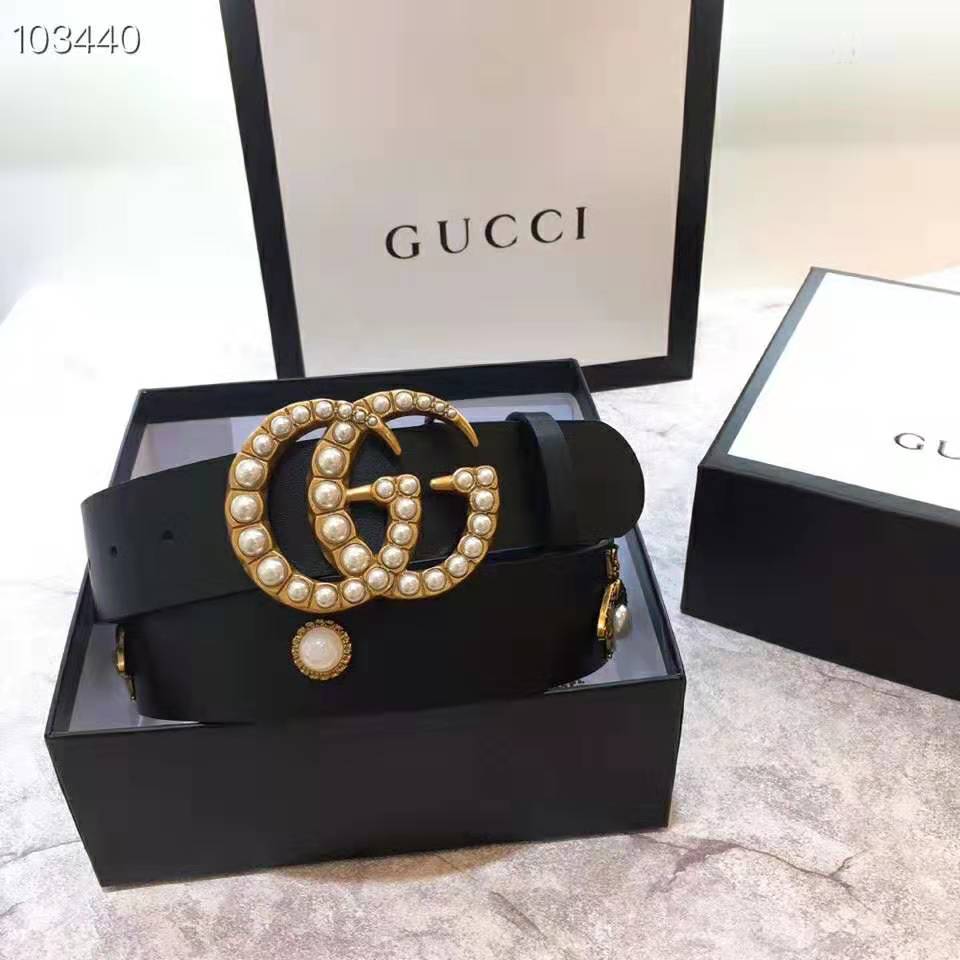 G*u*i unisex leather belt with pearl double g-black