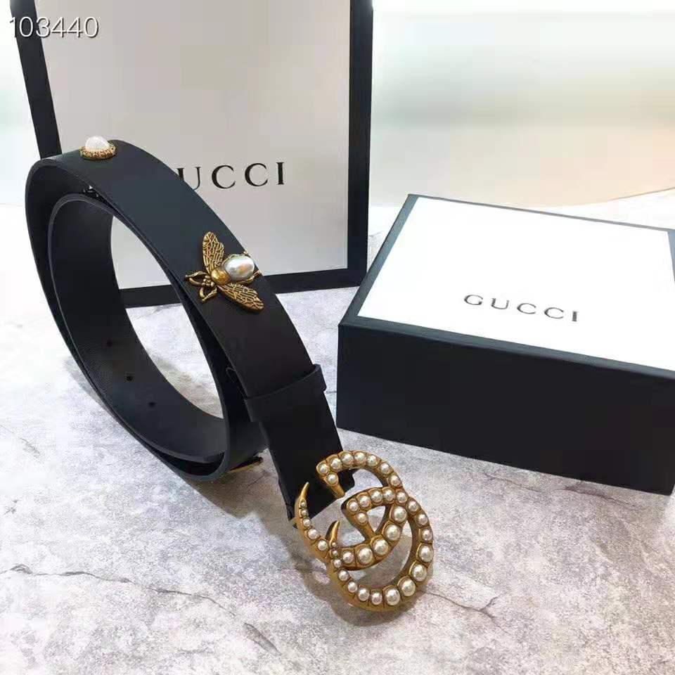 G*u*i unisex leather belt with pearl double g-black