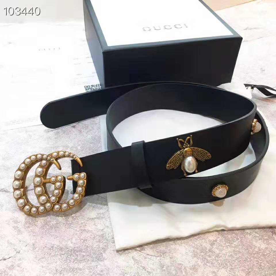 G*u*i unisex leather belt with pearl double g-black