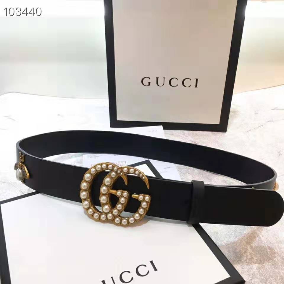 G*u*i unisex leather belt with pearl double g-black