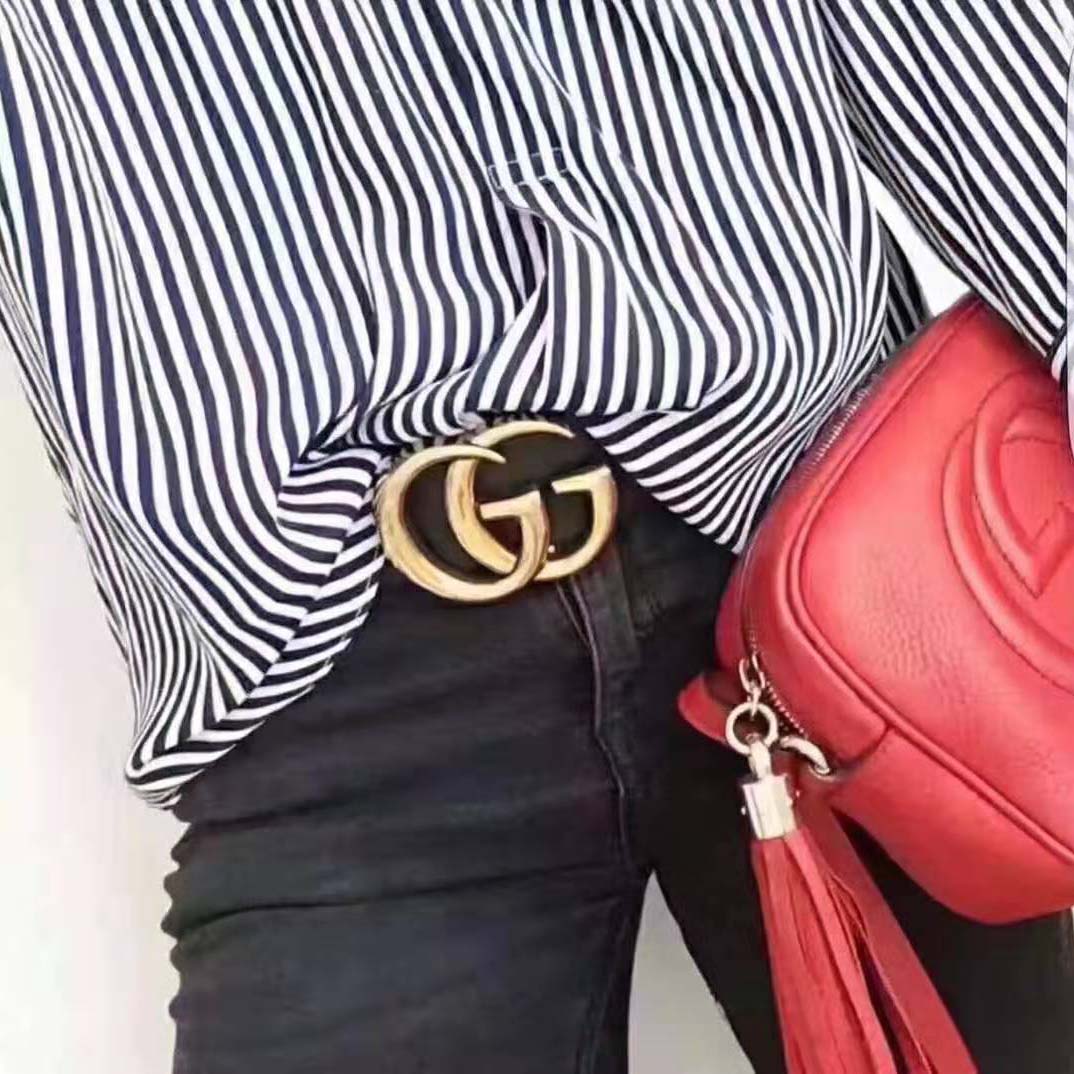 G*u*i unisex wide leather belt with double g-black