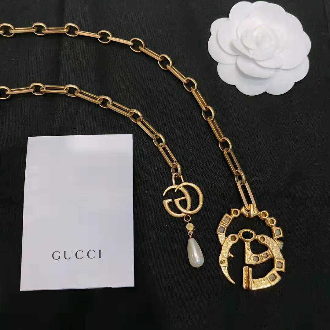 G*u*i women chain belt with crystal double g buckle in gold-toned chain