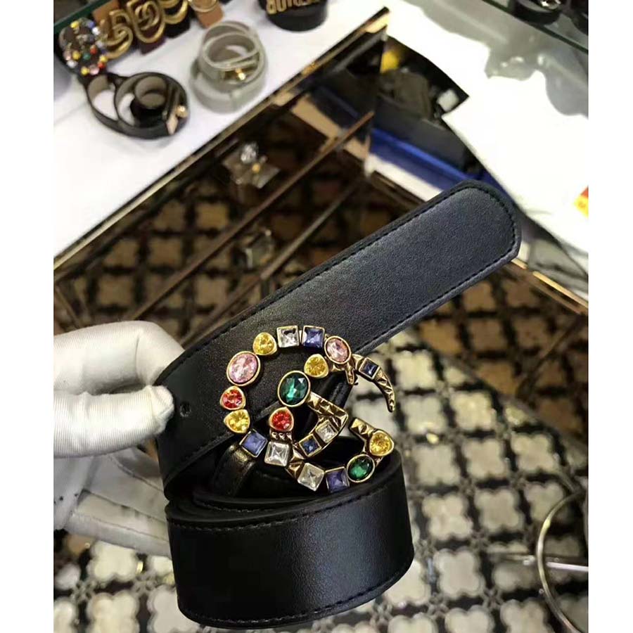 G*u*i women leather belt with crystal double g buckle in black