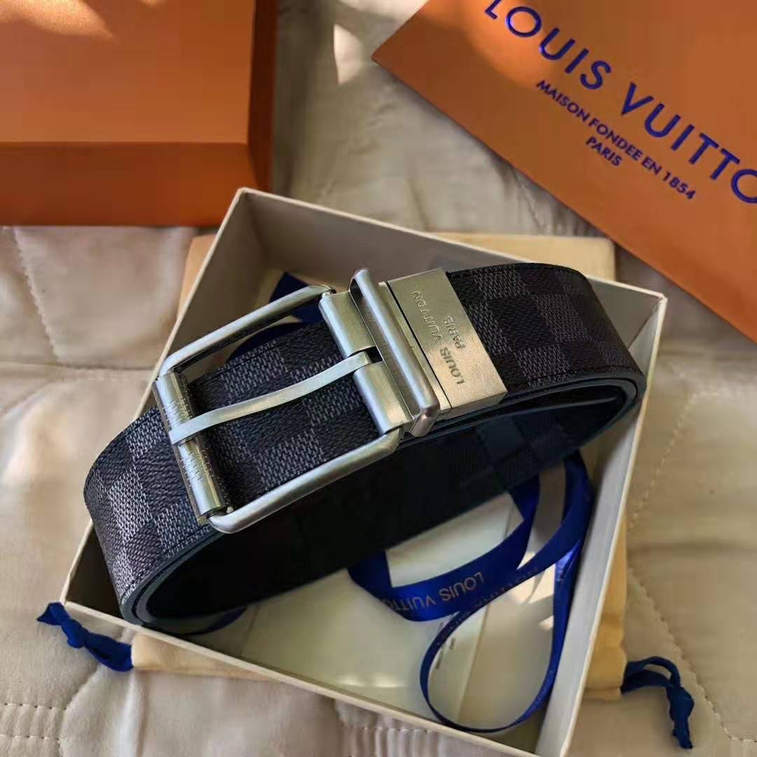 Louis Vuitton LV Unisex Damier Print 40mm Reversible Belt in Damier Canvas-Blue