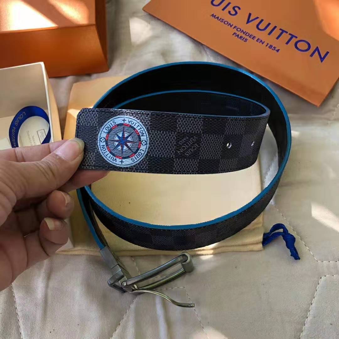 Louis Vuitton LV Unisex Damier Print 40mm Reversible Belt in Damier Canvas-Blue